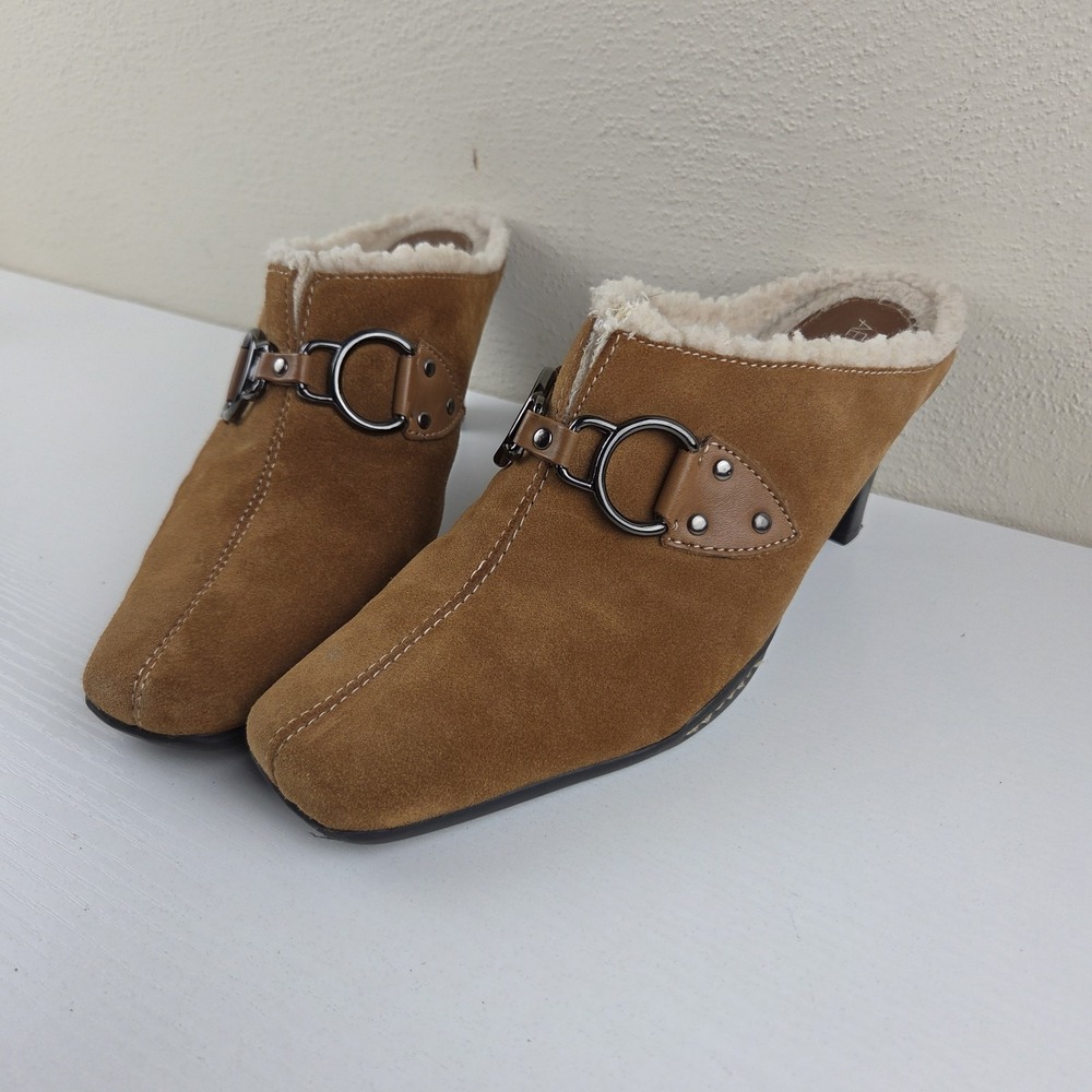 Aerosoles Womens Size 10 M  'Cinchshearly' Dark Tan Suede Mules Stacked Heels‎
